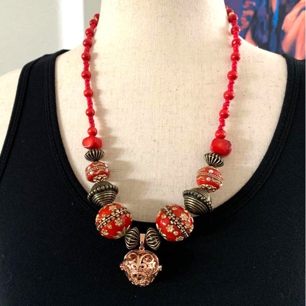 Red Boho‎ statement beaded necklace hand made one of a kind